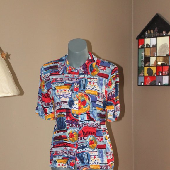 Vintage Multicoloured Womans Short Sleeved Blouse - Picture 7 of 10